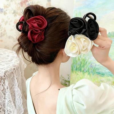 Elegant Rose Flower Claw Hair Clip for Women - Red Hairpin Headdress Accessory
