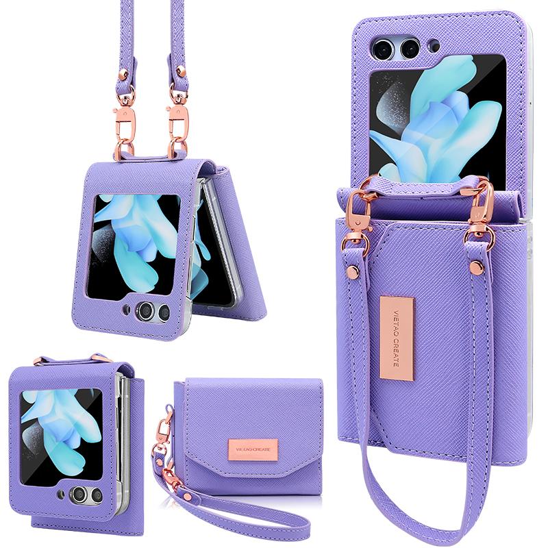 Custodia Vietao per Samsung Galaxy Z Flip 7, Portafoglio Portacarte in Pelle per Donna con Laccetto da Polso per Galaxy Z Flip 6, Oro Rosa