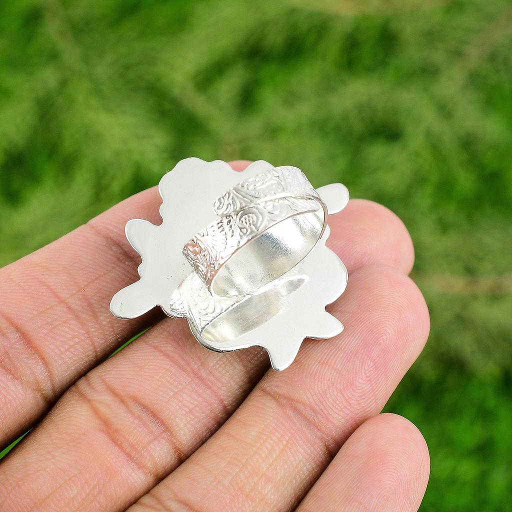 925 Silver Natural Russian Malachite Solitaire Bezel Wedding Flower Ring Jewelry