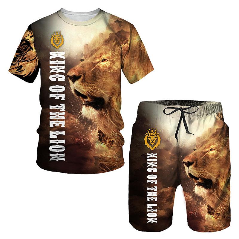 Mode 3D Löwen-Print Herren Sportbekleidung 2-teiliger Sommeranzug T-Shirt Shorts