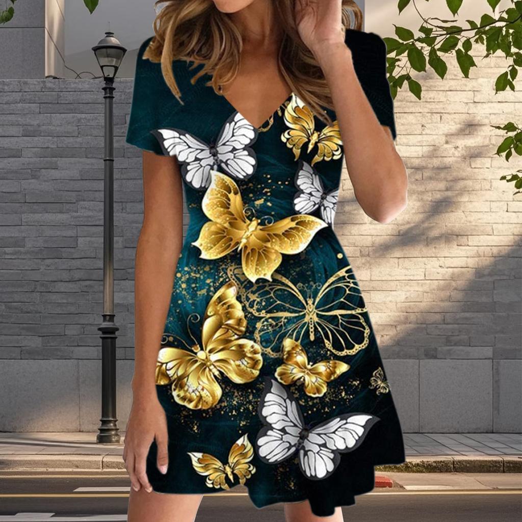 Sommermode Damen V-Ausschnitt Kurzarm Schmetterling bedrucktes Kleid Sex Kurzer Rock Kleider
