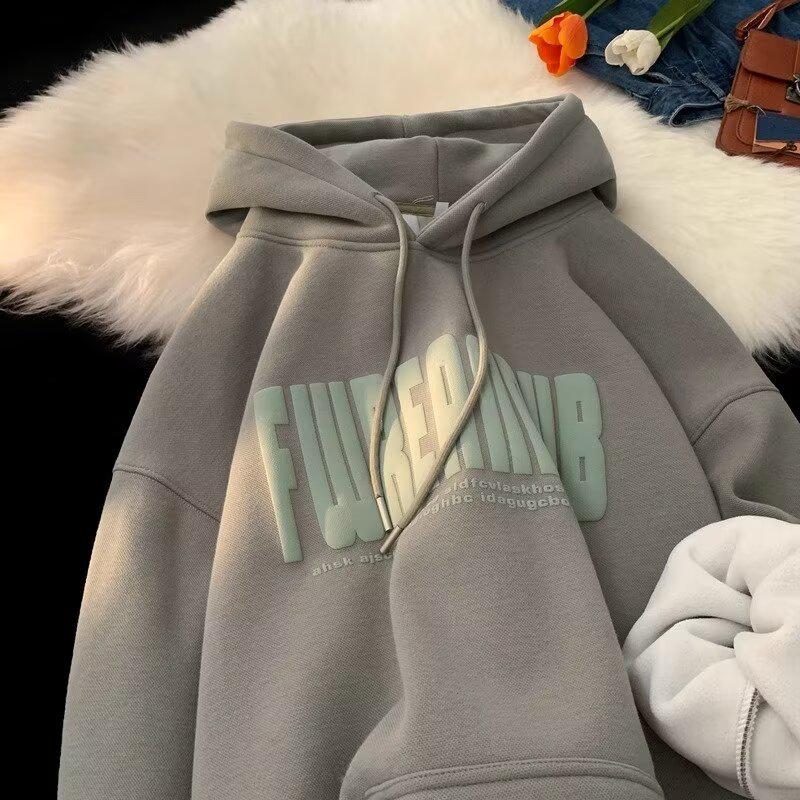 Unisex American-Style Heavyweight Hooded Sweatshirt - Men's Winter Loose Fit Casual Foam Print Top