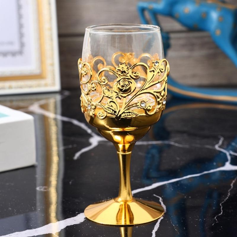 Handcrafted Iron Frame Glass Whiskeys Cup Ornamental Wine Goblet With Sturdy Metal Base For Dining Table