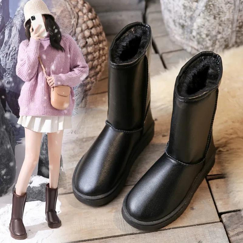 

Зимние кожаные зимние сапоги, женские водонепроницаемые нескользящие плюшевые ботинки, теплые длинные хлопковые сапоги большого размера 38 чёрный