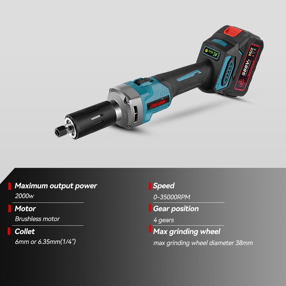 ONEVAN 2000W bürstenloser elektrischer Stabschleifer, 35000 U/min, 6 mm, kabellos, 4 Gänge, variable Schleif-Drehwerkzeuge für Makita 18-V-Akku