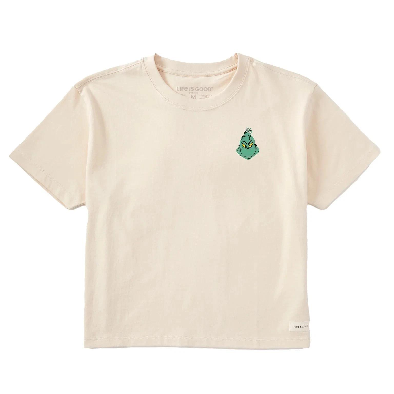 

Life is Good Women s Grinch Mini Face Short Sleeve Crusher Boxy Tee, Putty White 4XL