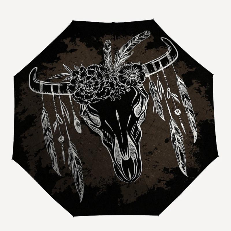 

1PC Bull Skull Feathers Pattern Small Travel Compact Windproof Umbrella, Automatic Folding Umbrella, Automatic Open/Close ,Gift-161