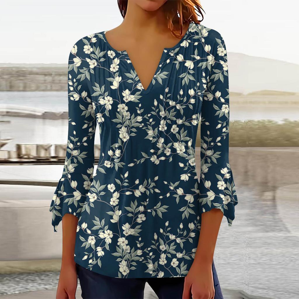 Summer Autumn A Line Slim Black White Floral T Shirt Women Loose Elegant 3/4 Sleeve Printed Tops Ladies Clothing