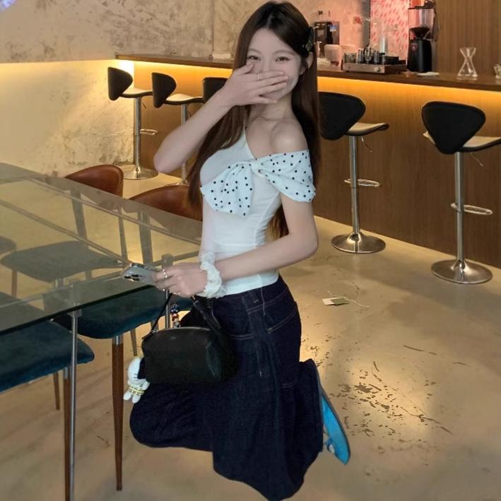 Asymmetrical Polka Dot Off-Shoulder Short Sleeve Top - Women's Summer Chic