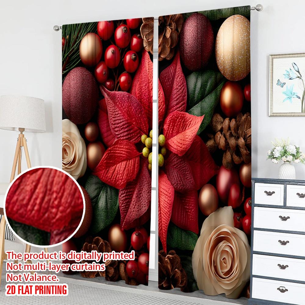 Set Of 2 Flat Printing Merry Christmas Curtains Poinsettia Berries Ornaments Digital Printed Polyester Drapes Spring Curtain Made
