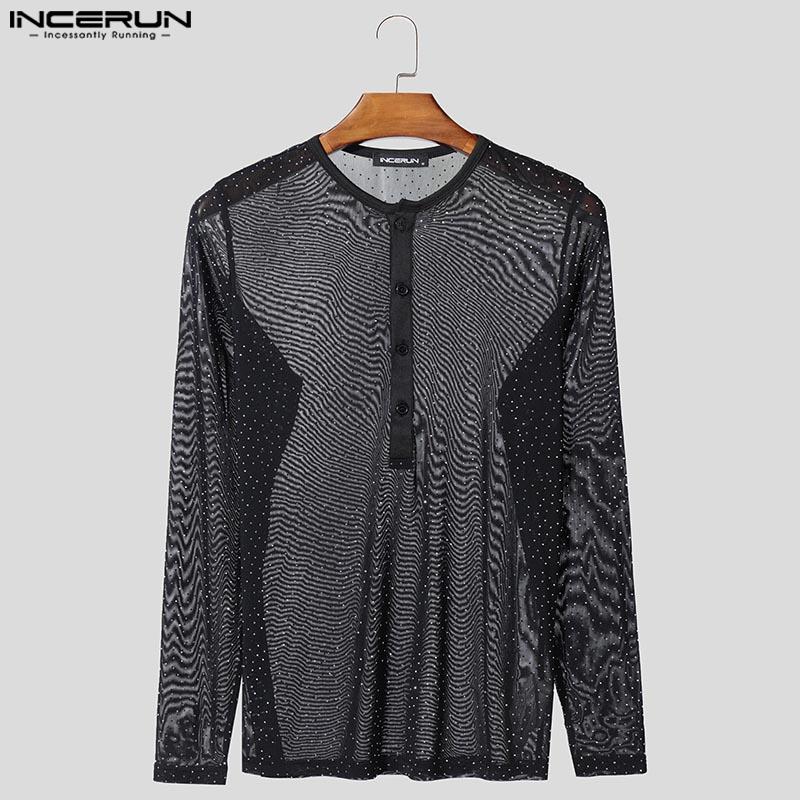 INCERUN Herren Rundhals Langarm Hotfix Strass Mesh Transparent Figurbetont Party T-Shirts