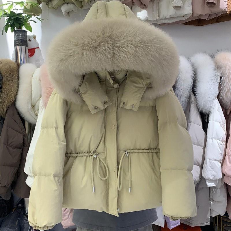 Winter new waist fox big fur collar down jacket women loose warm small thickened coat