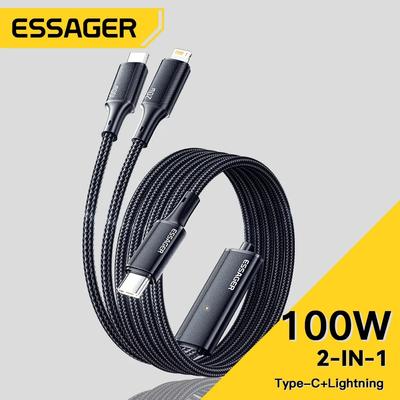 Essager 100W Cable USB C To Type C To Lighting PD Fast Charger Data 2 In 1 Quick Charging Cord For Macbook iPhone Samsung Xiaomi