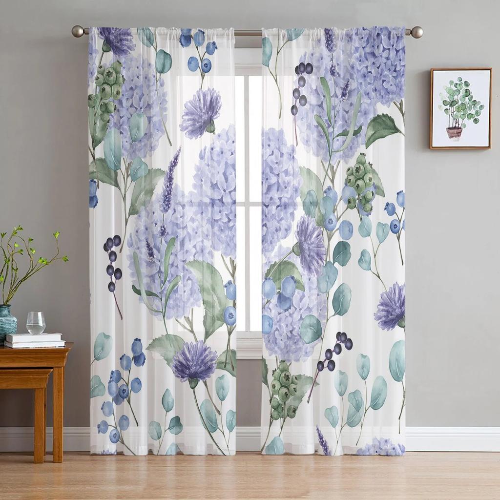 Spring Flowers Hydrangeas Sheer Curtains Transparent Voile Tulle for Bedroom Window Holiday Decoration