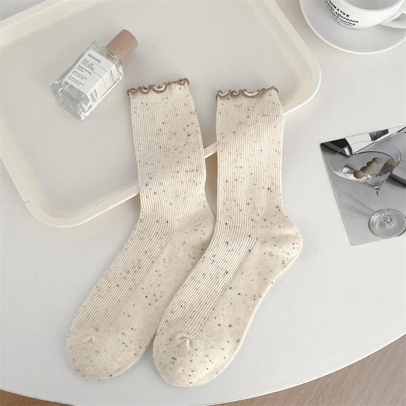Frühlings- und Herbstsocken mit gepunktetem Garn in Cremefarbe und Aprikotfarbe, Baumwollsocken bis zur Wade für Damen, Trendige Frotteesocken