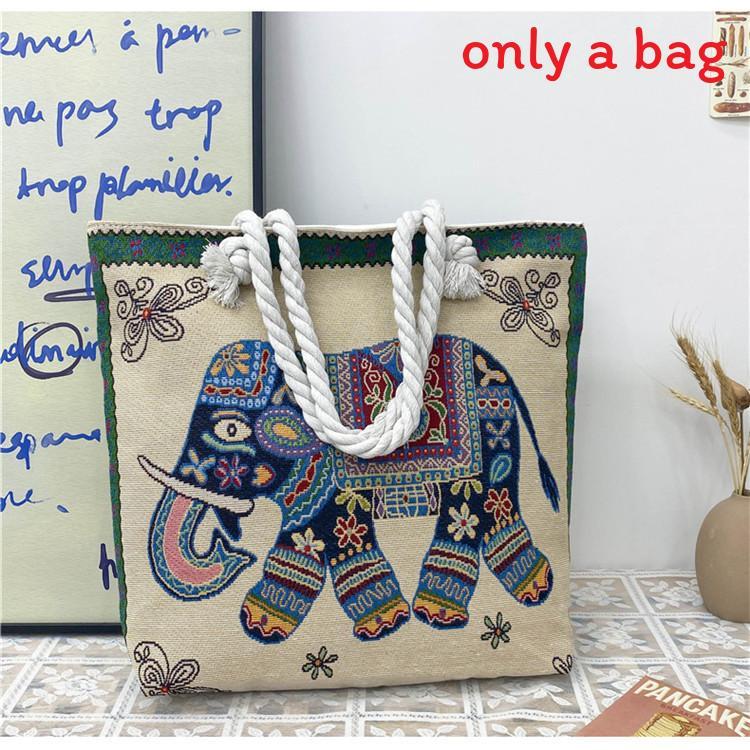 Ethnic Style Elephant Embroidered Canvas Shoulder Bag With Cotton Rope Strap For Casual Travel