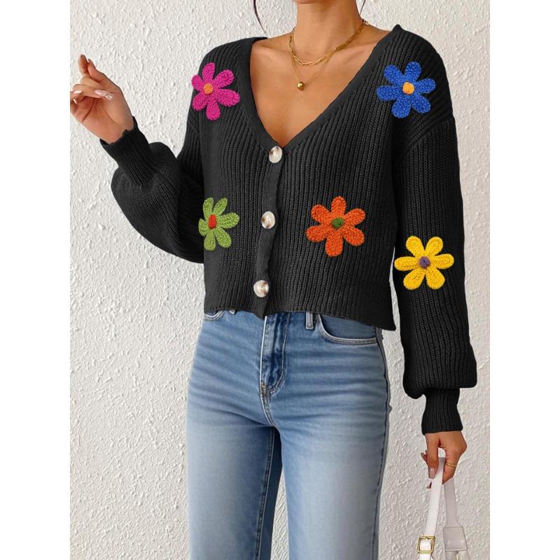 Women's Autumn and Winter New Three-dimensional Embroidery Colorful Flower Splicing Button Cardigan Sweater Short Coat for Women