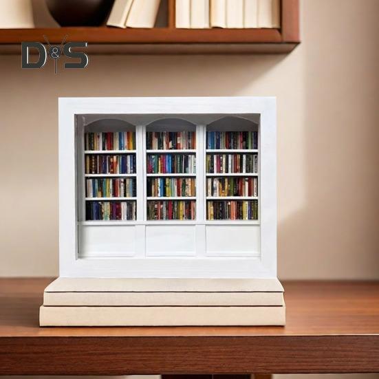 Anxiety Relief Mini Bookshelf Realistic Miniature Bookshelf Ornament with 300 Pcs Mini Book Wood Simulated Mini Bookshelf for Book Lovers Home Office