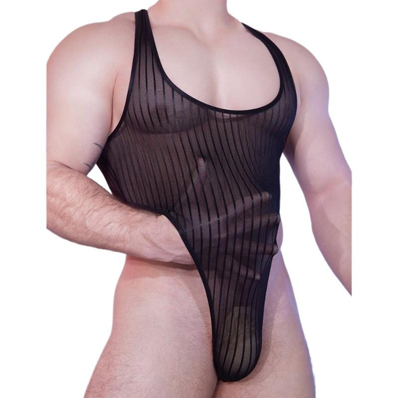 Men Sexy Bodysuit Ultra-Thin High Elastic Stripe See-Through Underwear Breathable Sleeveless Singletss Bodybuilding Bodysuits