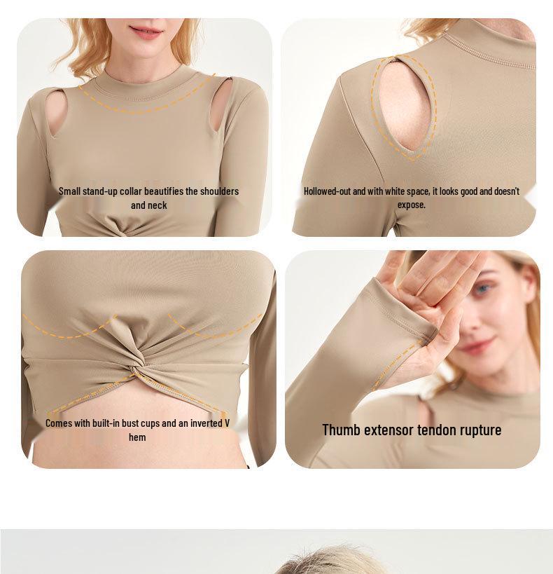 U-Back Long Sleeve Yoga Top with Semi-Fixed Teardrop Cups - Breathable, Quick-Drying Fitness Wear for Autumn & Winter