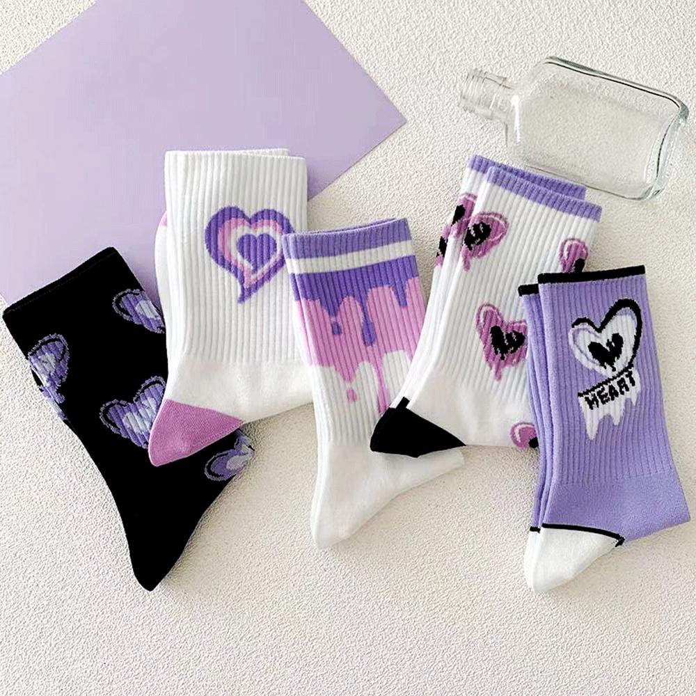 

Женские белые носки, милые хлопковые носки с сердечками, Kawaii, консервативный корейский стиль, аниме, фиолетовые женские носки, комплект из 5 пар One Size
