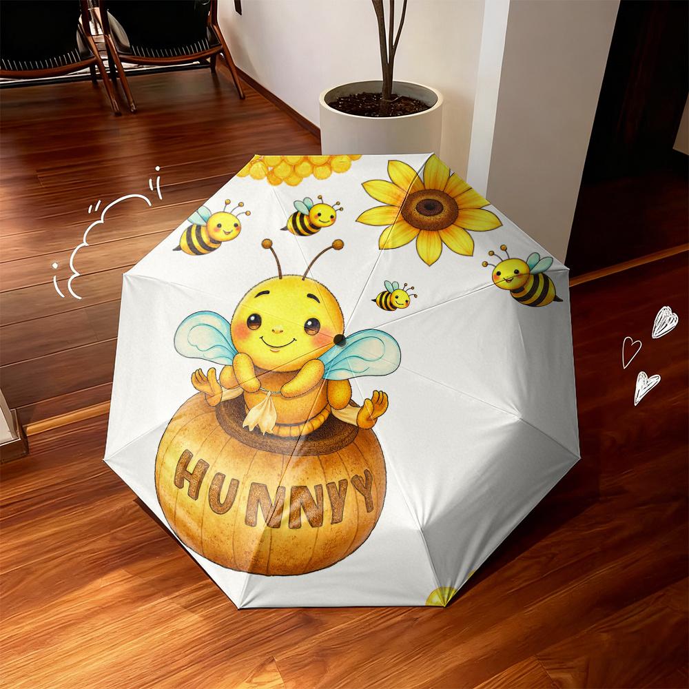 Cute Honey Bee 2D Printed Folding Umbrella - Sweet Bee and Sunflower Design, Lightweight and Portable for Travel, Commute, and