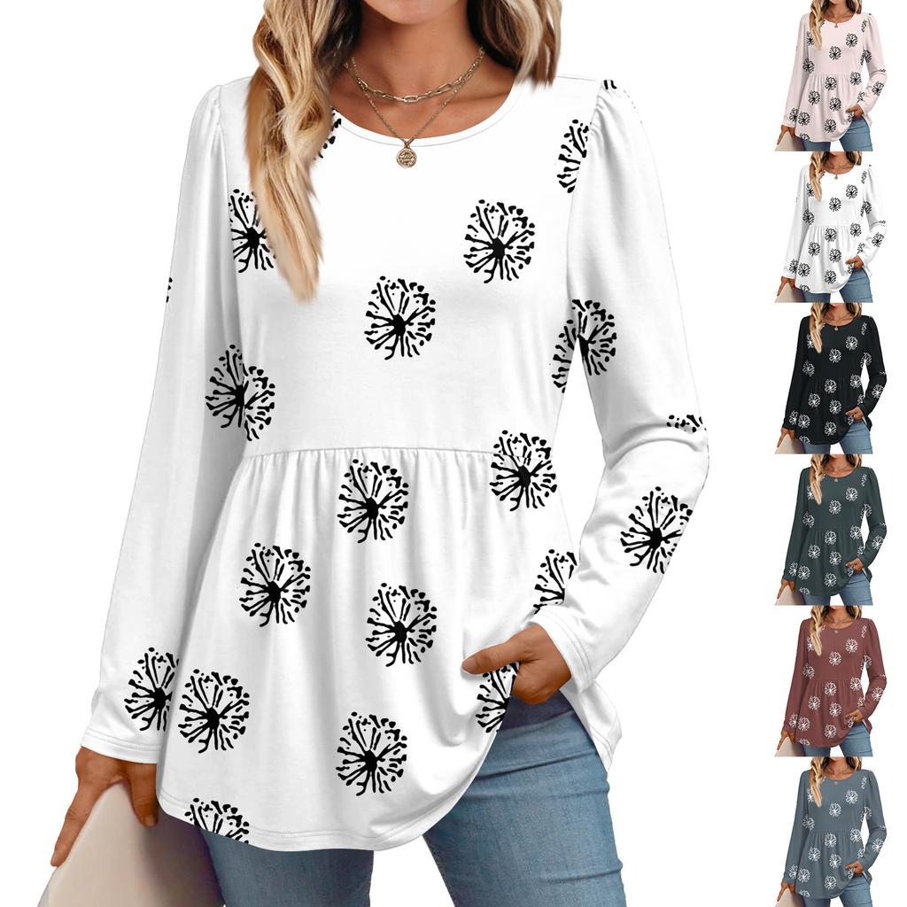 Women's Casual Fashion Long Sleeve Shirt Floral Printed Tunic Top