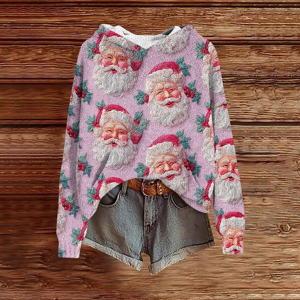 Women's Fashion Casual Long Sleeve Christmas Print Hooded Knitted Sweatshirt