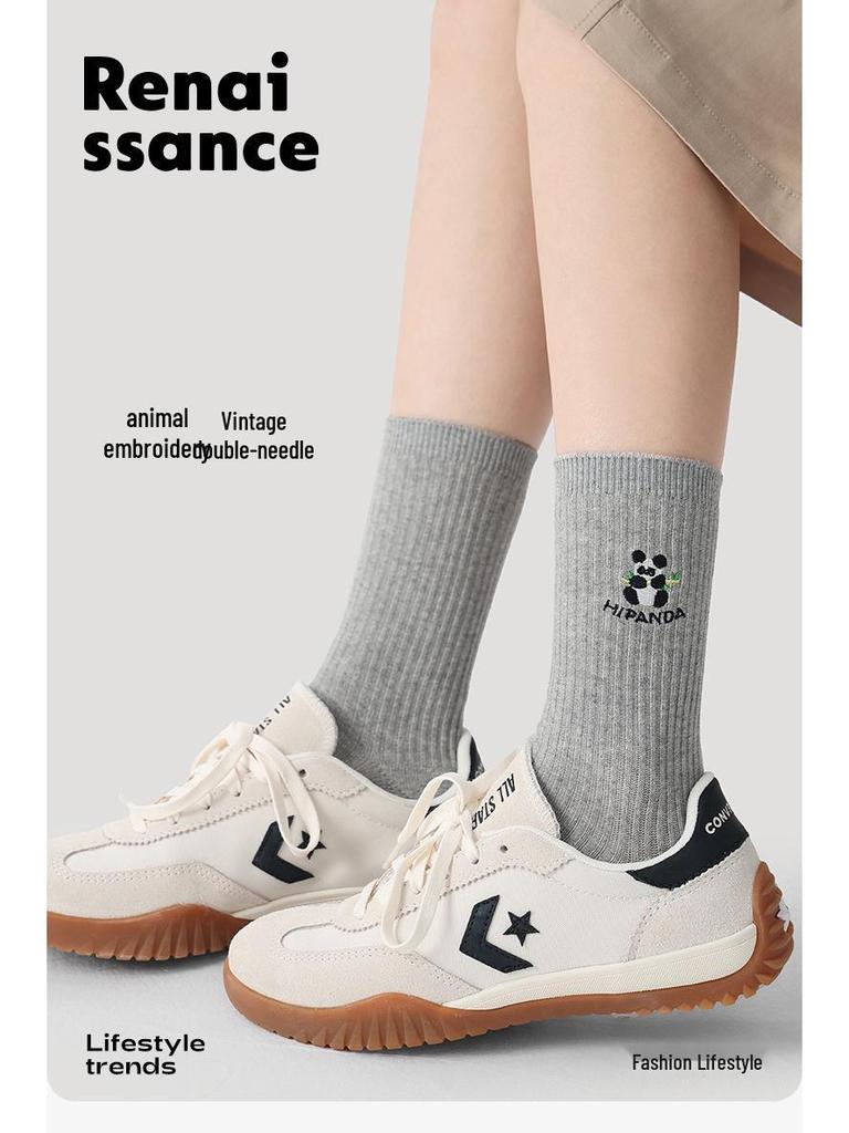 Renaissance Women's College Style Mid-Calf Socks, Solid Color with Panda Embroidery, Thin and Breathable for Spring and Autumn