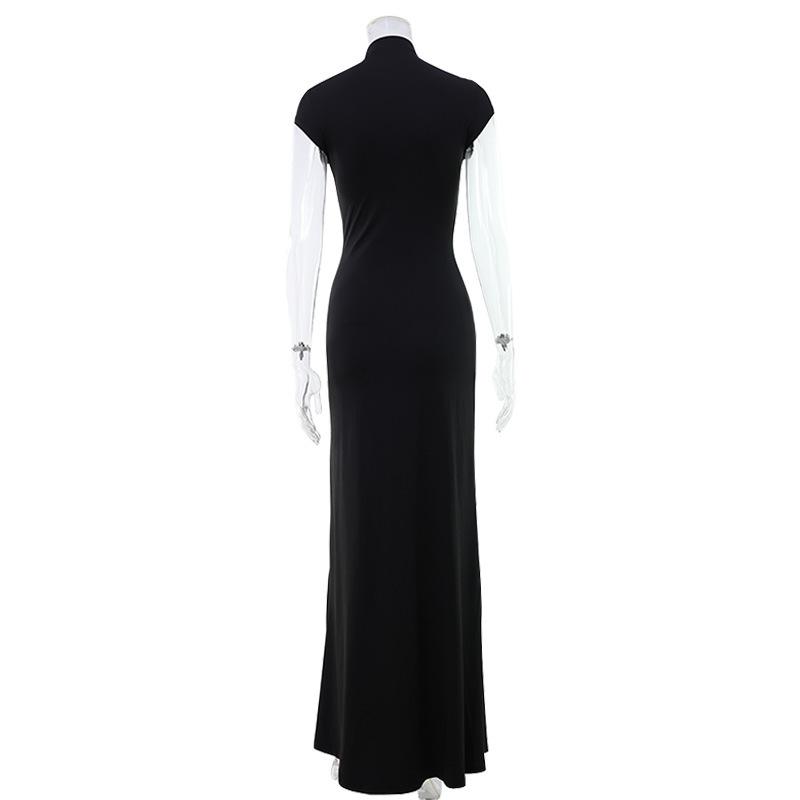 Women Solid Stand Collar Cutout Bodycon Maxi Dress Sleeveless High Slit Floor‑Length Evening Party Gown XS‑L