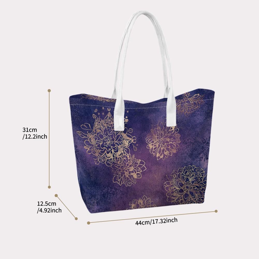 Purple Golden Floral Print Shoulder Tote Bag for Women Casual Daily Use Lightweight Handbag