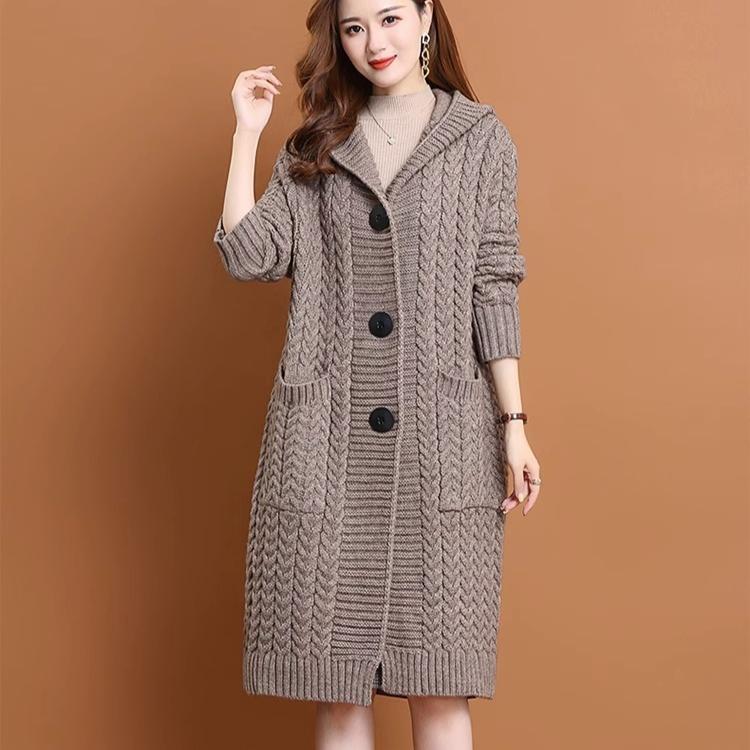 Retro Twisted Knitted Cardigan for Women Large-sized Mid-length Sweater Coat Autumn and Winter Wear Knee-length Hooded Knitted Overcoat
