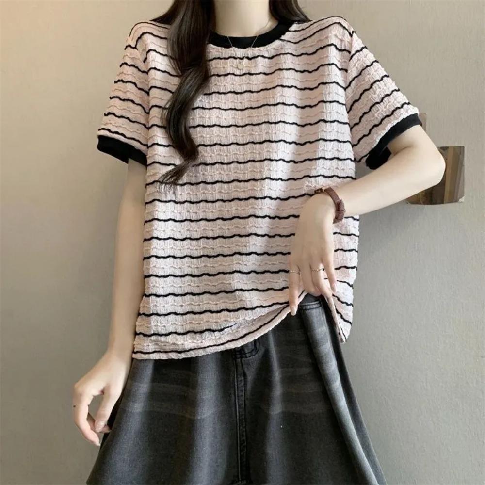 

Korean Style Loose Striped Short Sleeve T Shirt for Women Summer Casual Textured Crew Neck Top for Daily Wear M
