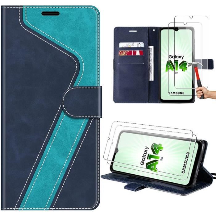 Coque de protection - BOOLING - pour Samsung Galaxy A14 4G-5G - Effet Cuir - 2 Verres Trempés - Motif 'V' Bleu