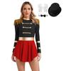 Womens Circus Ringmaster Costume Set Mock Neck Patchwork Bodysuit Complete Hat Bow Collar Gloves
