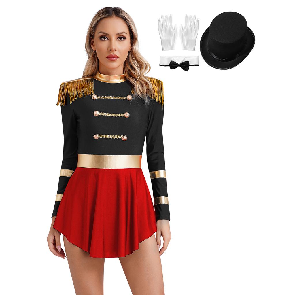 Womens Circus Ringmaster Costume Set Mock Neck Patchwork Bodysuit Complete Hat Bow Collar Gloves