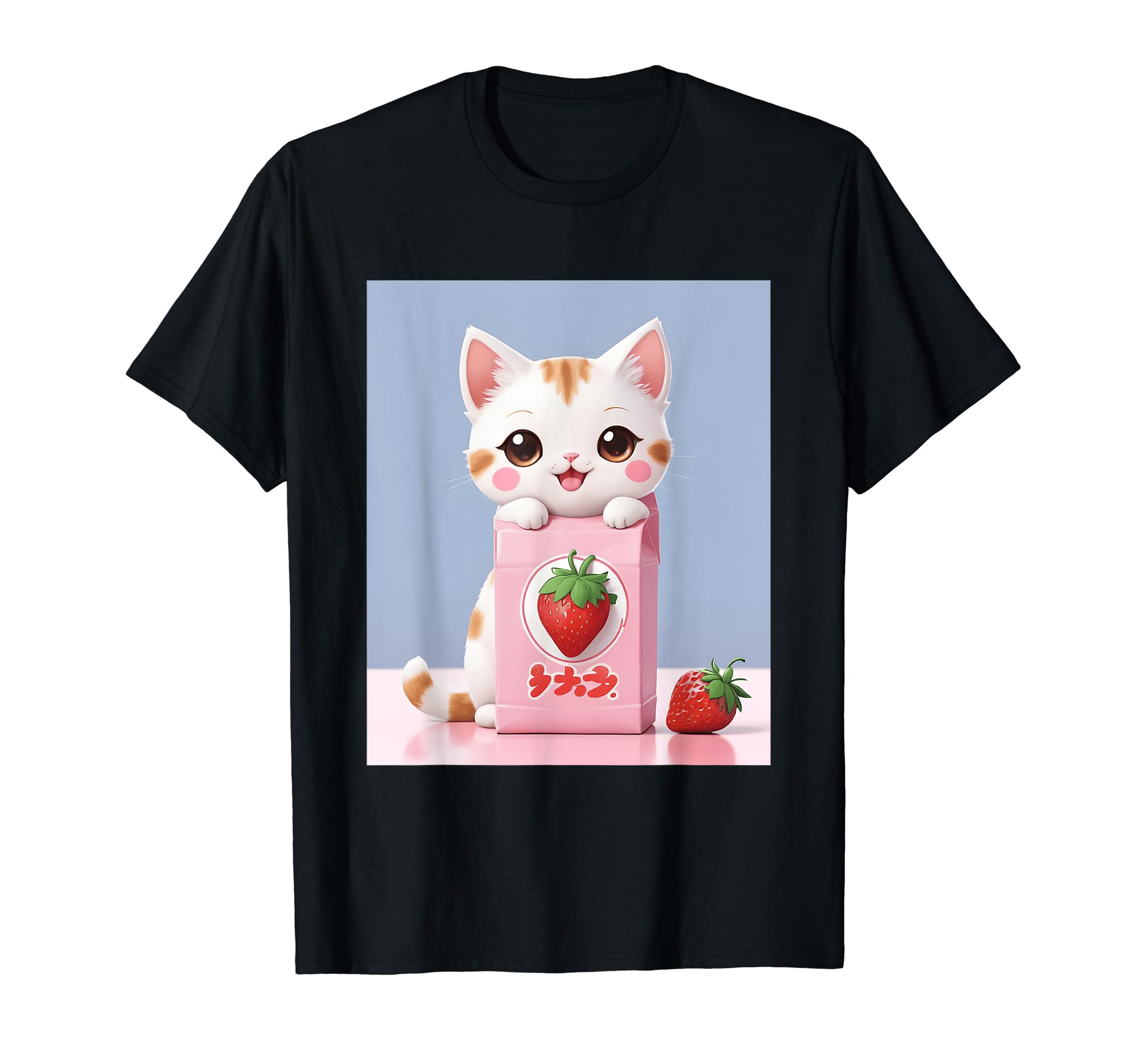 

strawberry things printed Kawaii, cat, milk, cute, Japanese, T-shirt чорний