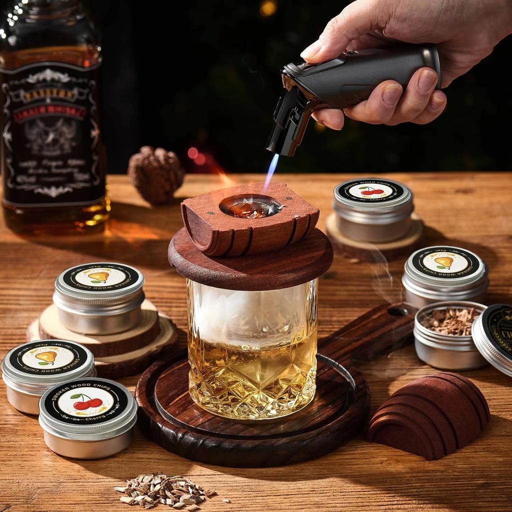 Zestaw do wędzenia whiskey z wiórkami drewna - 6 smaków, Infuzer do wędzenia drinków Old Fashioned, na koktajle, urodziny, bourbon, na prezenty