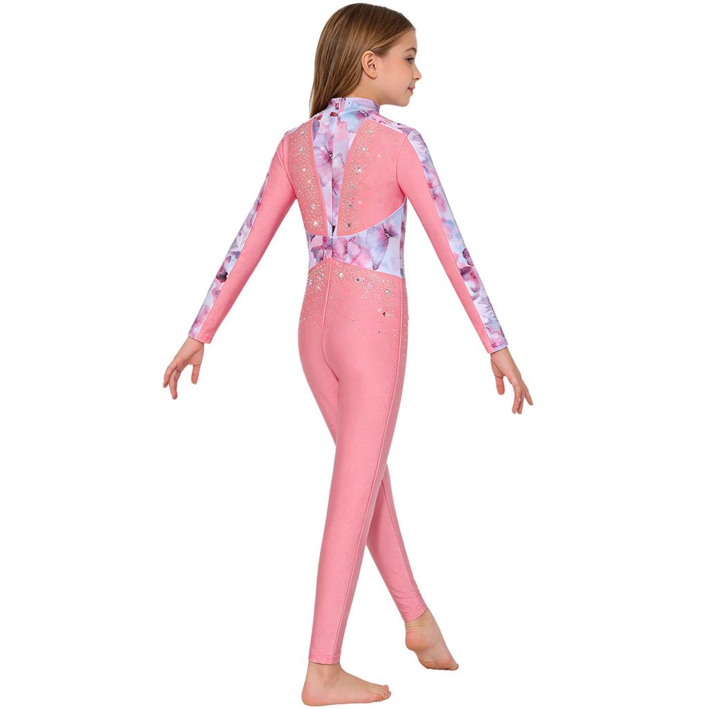 Girls Gymnastics Long Sleeve Leotard Shiny Sequins Rhinestones Back Invisible Zipper Full Body Ballet Figure Skating Performance