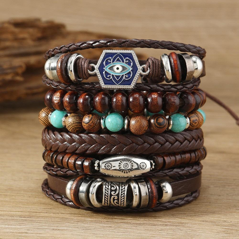Retro European & American Hexagonal Multilayer Leather Bracelet Set - 6 Pieces