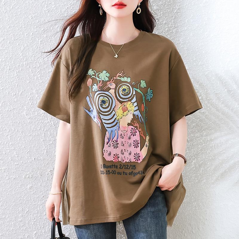 

DIMANAF 2025 Лето Большой Размер Принт Женские Футболки Узор Круглый Вырез Короткий Рукав Топы Футболки Свободная Рубашка 3XL коричневый