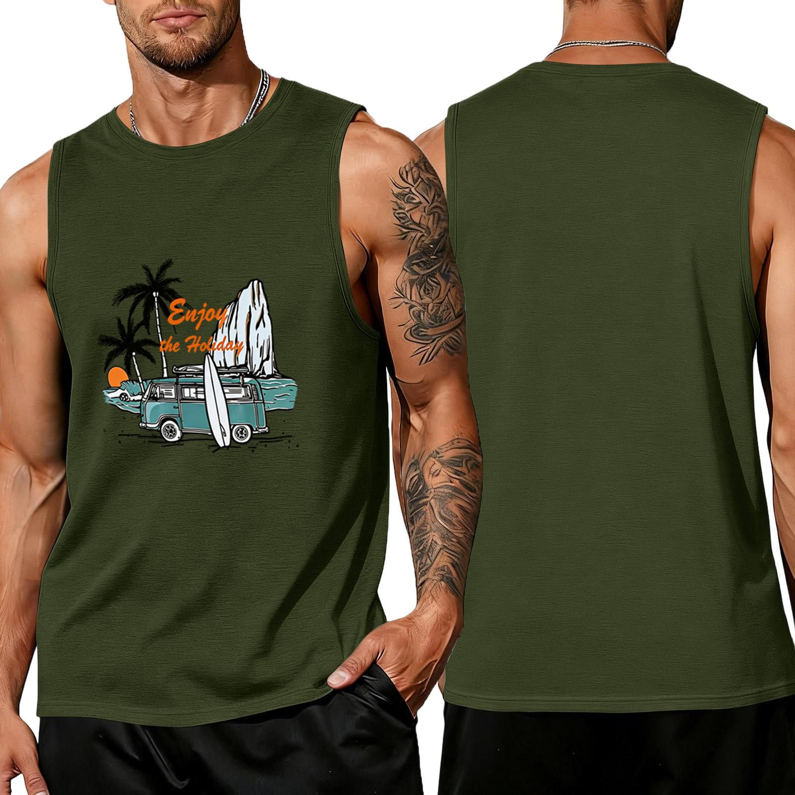 Men s loose and casual Hawaiian print sleeveless shirt L армия зеленый