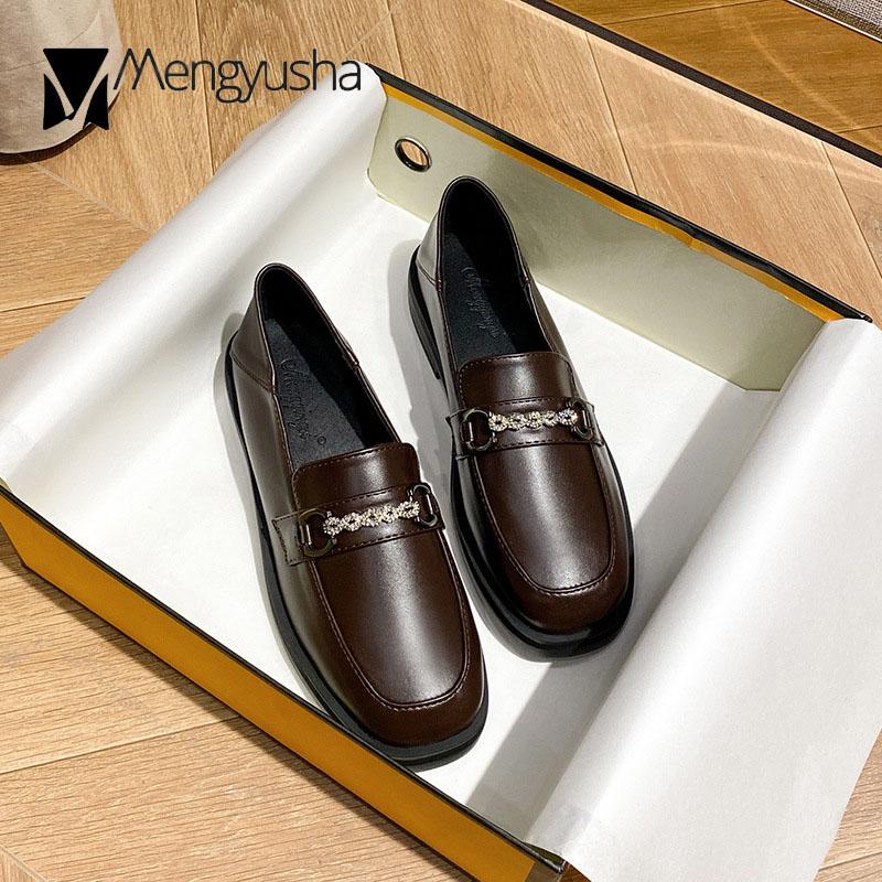 42/43 Plus Size Crystal Chain Derby Shoes Women Loafers Square Toe Flats British Small Leather Shoes Woman Thick Heels Oxfords