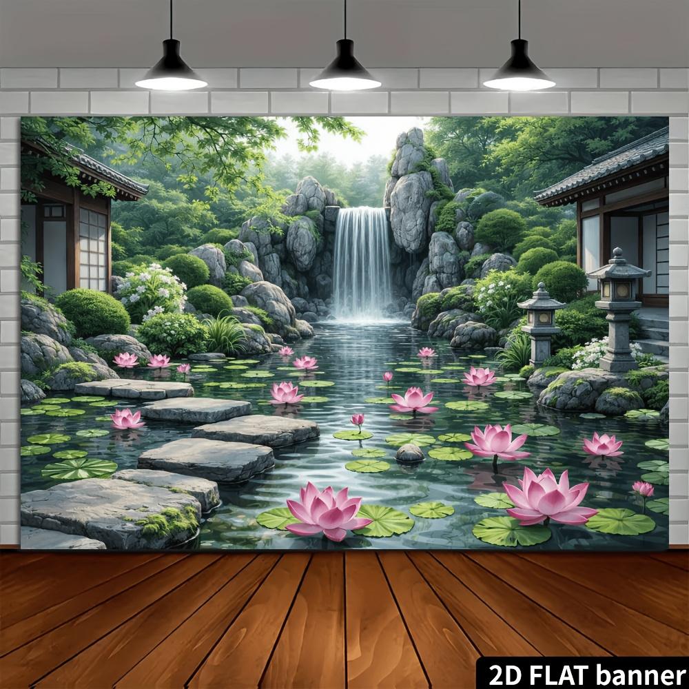 1Pcs Japanese Zen Garden Lotus Waterfall Decoration Background Backdrop For Photo Studio Photo Booth Party