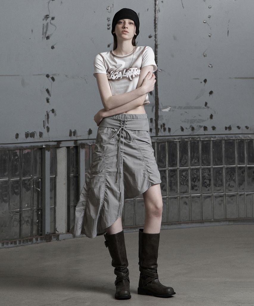 Jenyujeu Lace-Up Asymmetrical Wave Puckering Skirt - Light Gray