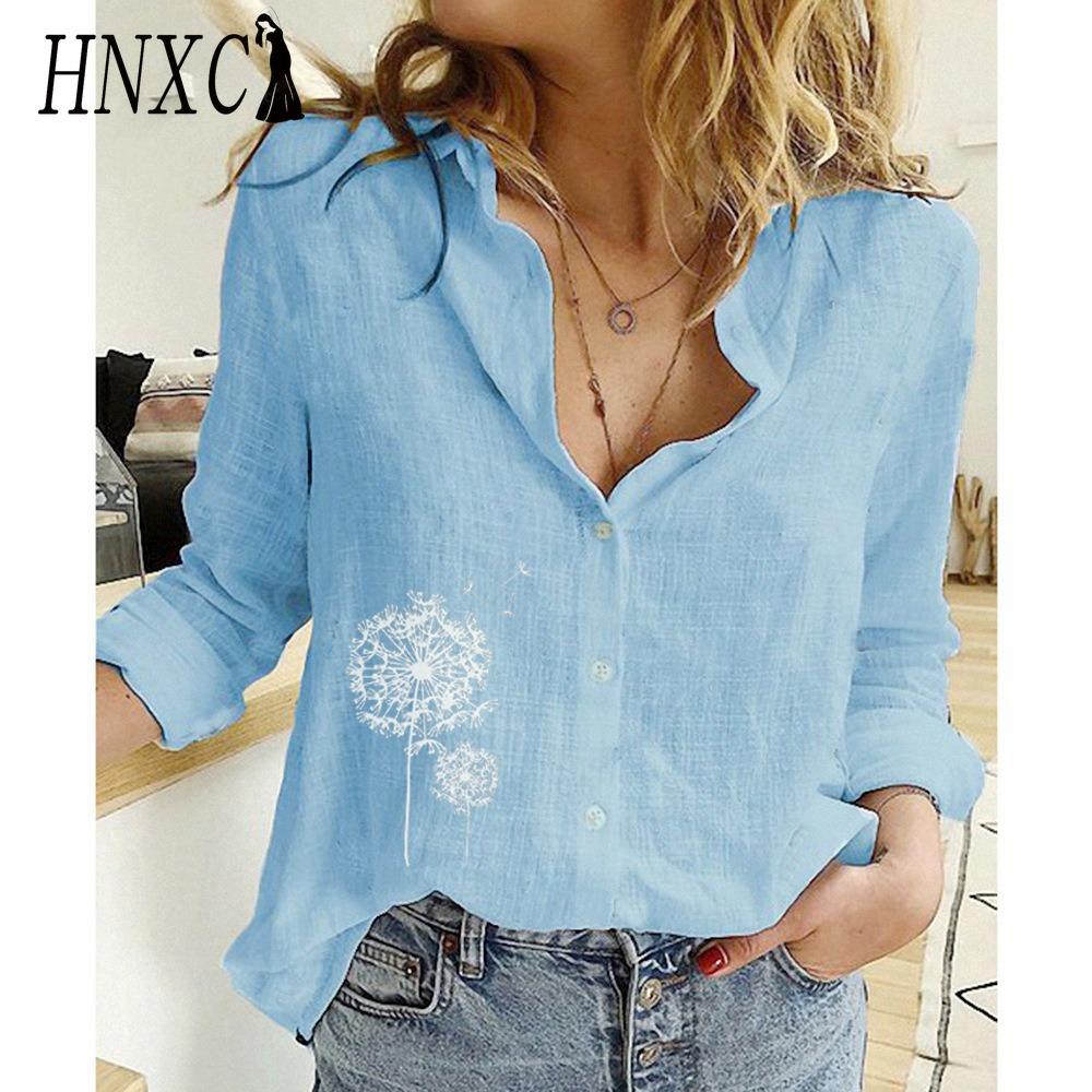 

HNXC Женские модные повседневные блузки и рубашки с длинным рукавом и принтом одуванчиков, с воротником ПОЛО XXXXXL синий