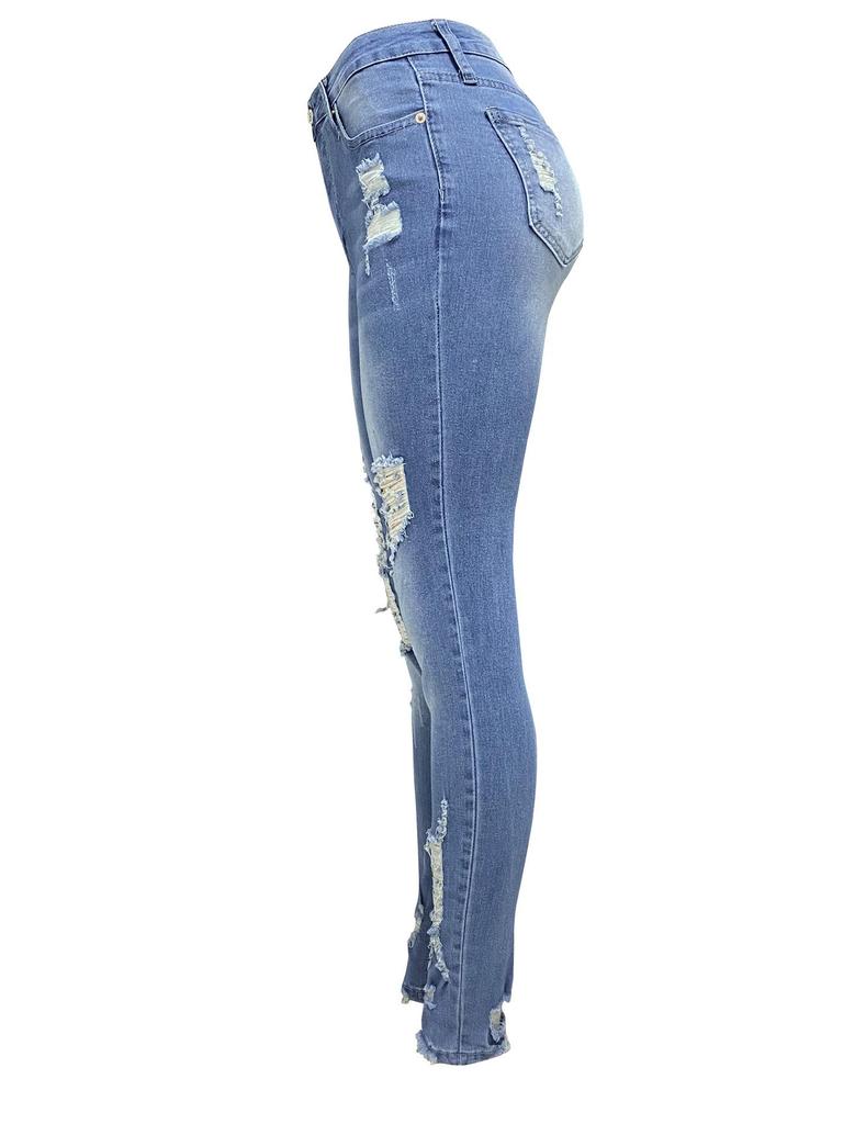2025 Women's European & American Style Ripped Stretch Jeans - Mid-Waist, Long Length, Slim Fit.