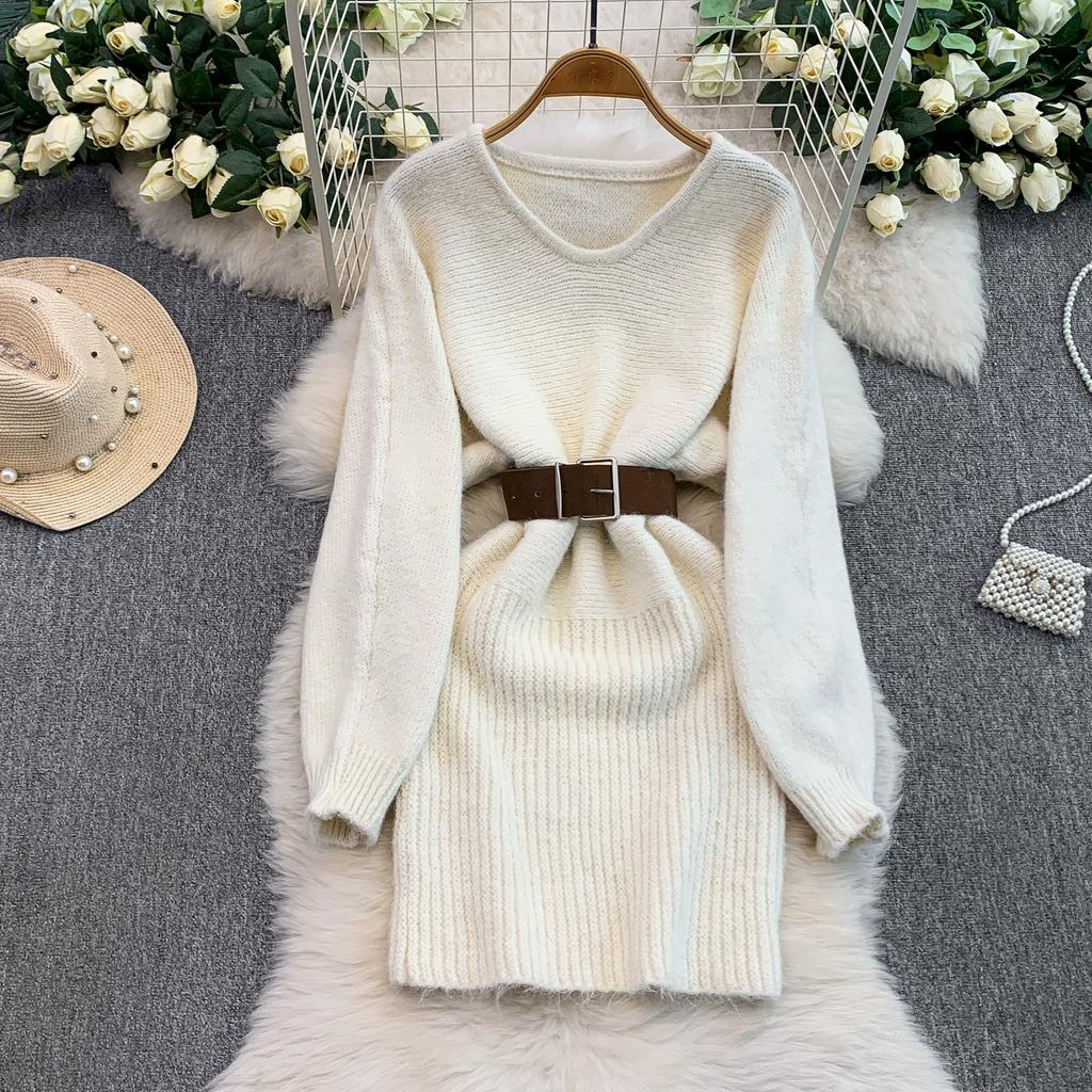 Autumn Winter Women Elegant O-neck Knitted Sweater Chic Mini Short Straight Pullover Dresses with Belt