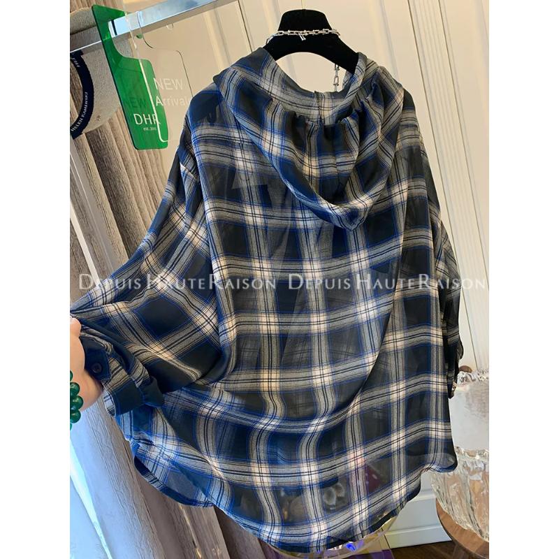 

Light Luxury Western-style Plaid Chiffon Long-sleeved Shirt for Women Loose Versatile Hooded Sun Protection Shirt L синій
