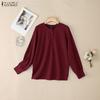 Women Casual Round Neck Long Sleeve Loose Ribbed Retro Blouse